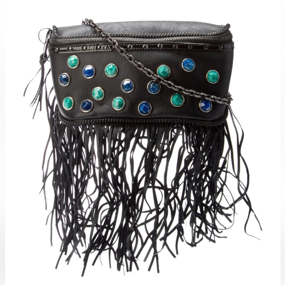 Longchamp Black Leather Fringe Crossbody Bag with Blue and Green Accents